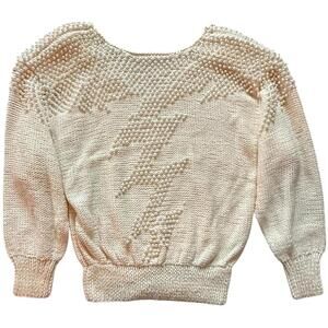 Nannell Vintage Pearl Embellished Knit Sweater Cream Puff Sleeve Size L